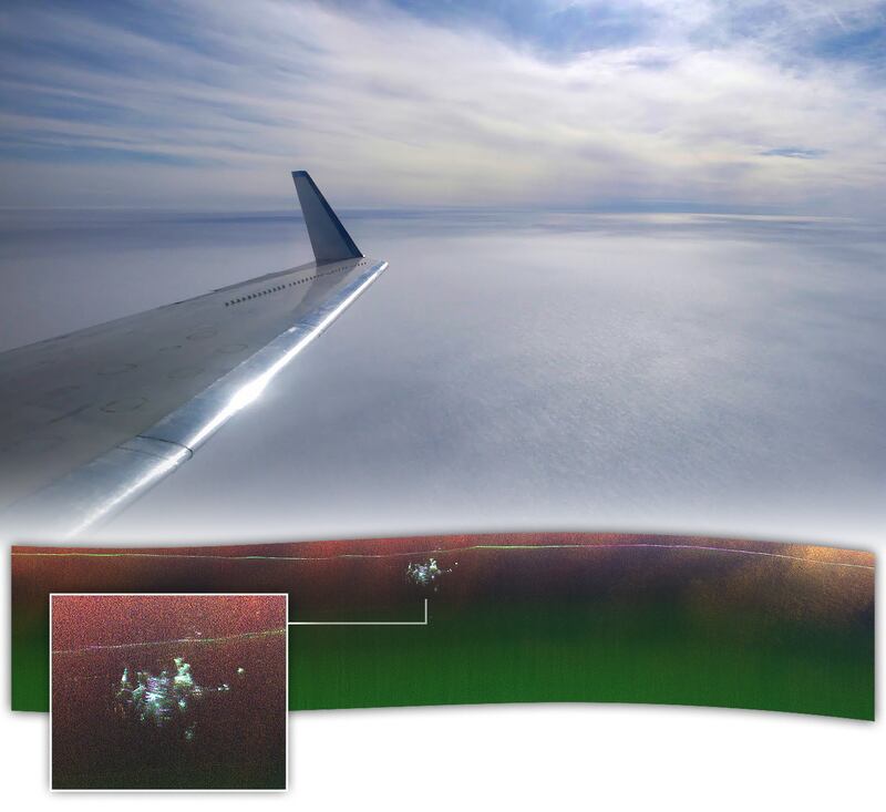 Looking out onto the wing of a plane, with the base's tunnels detected.