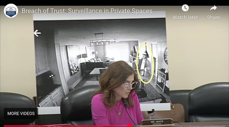 Congresswoman Nancy Mace speaking at a hearing on Capitol Hill on May 20 with a poster showing her silhouette circled as she accused her ex of filming her naked without consent.