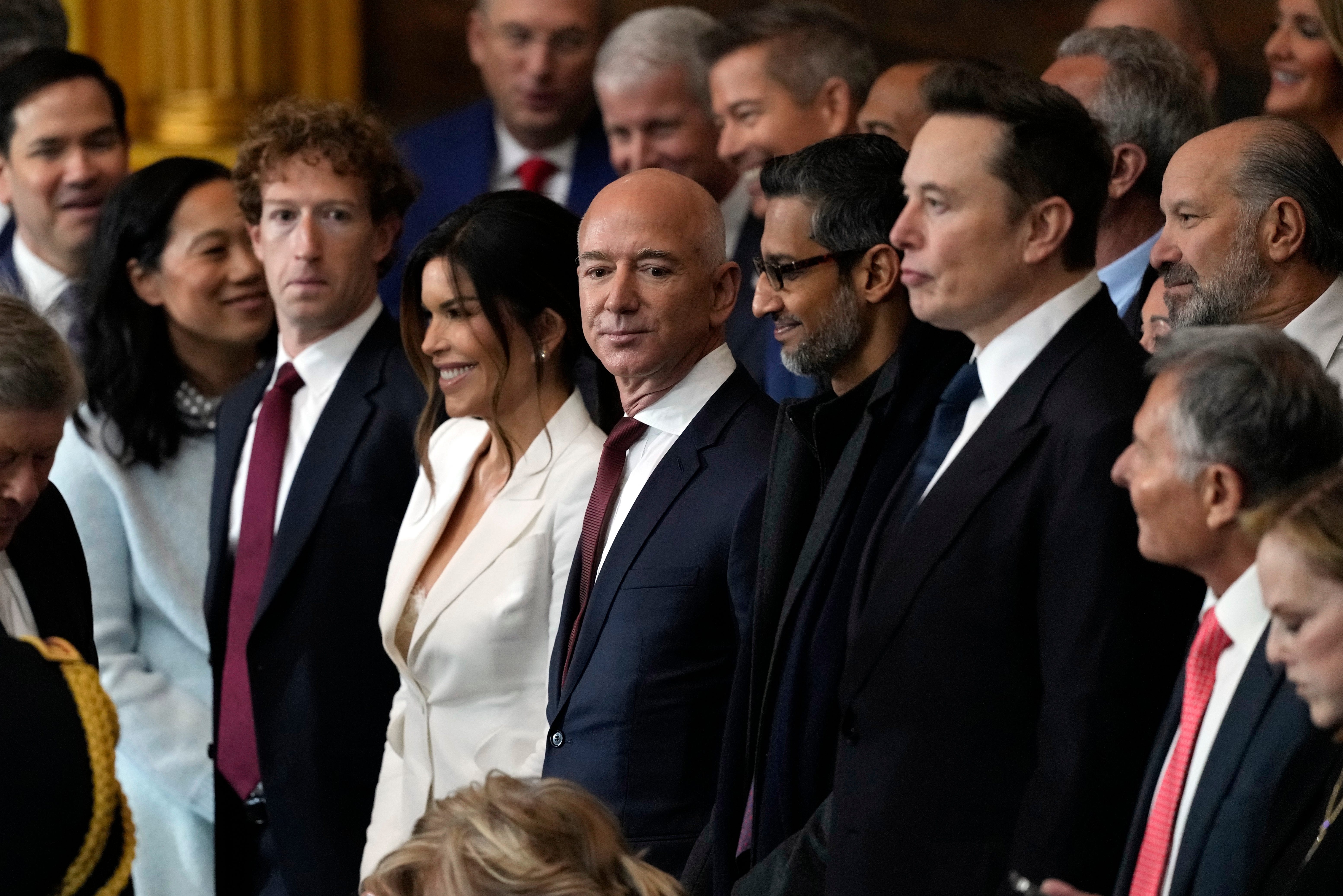 Mark Zuckerberg, Jeff Bezos, Sundar Pichai, and Elon Musk at Donald Trump's inauguration.
