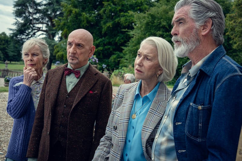 Celia Imrie, Ben Kingsley, Helen Mirren, and Pierce Brosnan in ‘The Thursday Murder Club.’