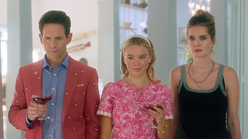 Glenn Howerton, Milly Alcock, and Meghann Fahy in Sirens.