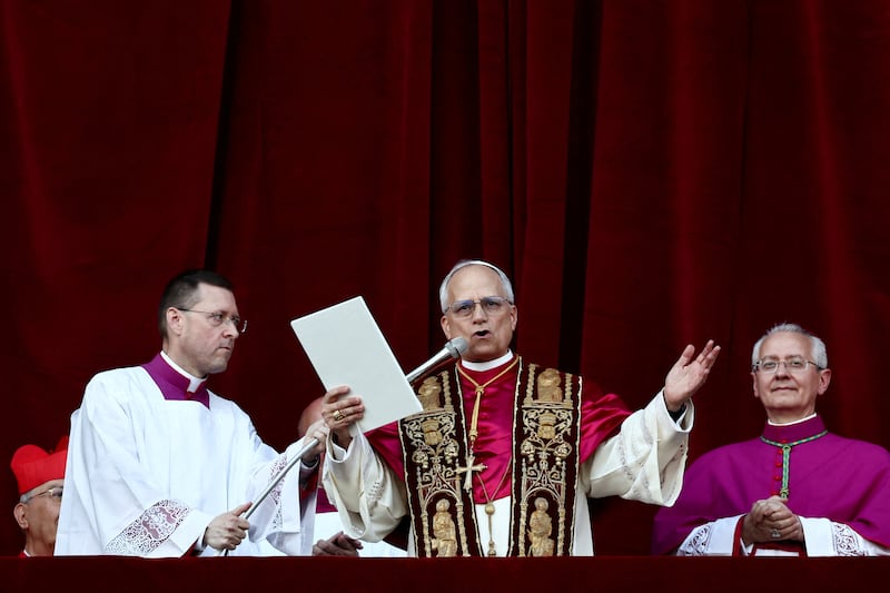 Newly elected Pope Leo XIV, Cardinal Robert Prevost of the United States, delivers the 