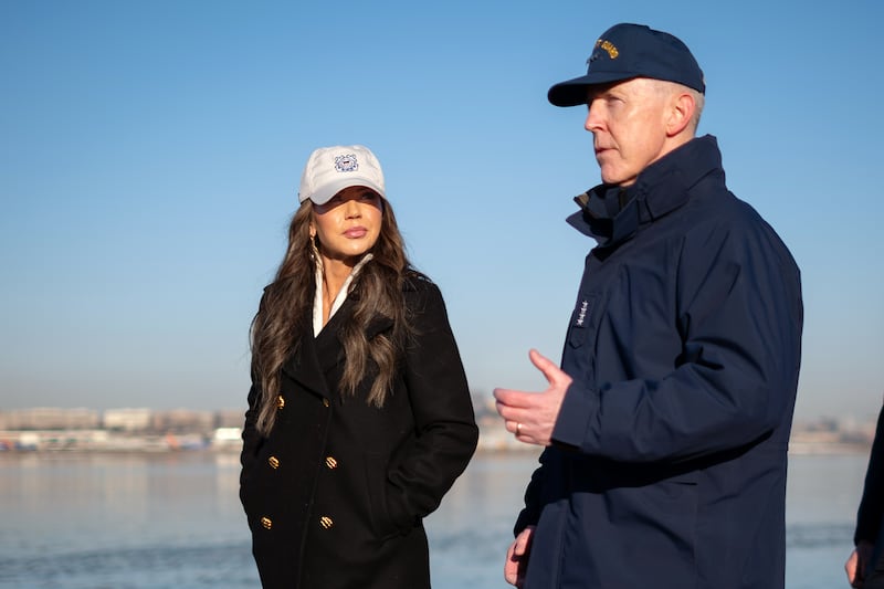 WASHINGTON, DC - JANUARY 30: (EDITOR'S NOTE: This Handout image was provided by a third-party organization and may not adhere to Getty Images' editorial policy.) In this U.S. Coast Guard handout, Secretary of Homeland Security Kristi Noem and Adm. Kevin Lunday, acting Commandant of the Coast Guard, discuss response efforts to the aircraft incident on the Potomac River on January 30, 2025 in Washington, DC. An American Airlines flight from Wichita, Kansas collided midair with a military Black Hawk helicopter while on approach to Ronald Reagan Washington National Airport outside of Washington, DC. According to reports, there were no survivors among the 67 people onboard both aircraft. (Photo by Petty Officer 1st Class Brandon Giles/ U.S. Coast Guard via Getty Images)