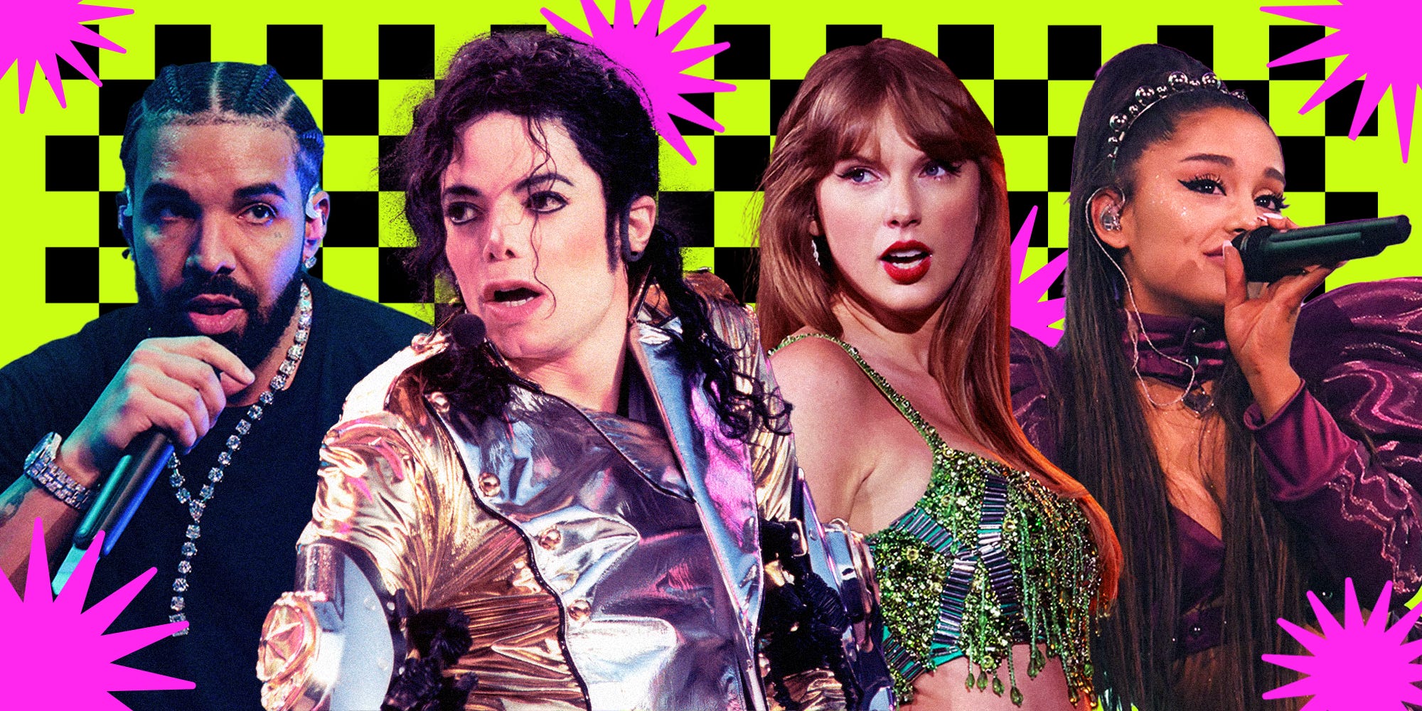 Collage of music artist with decorative stars around them