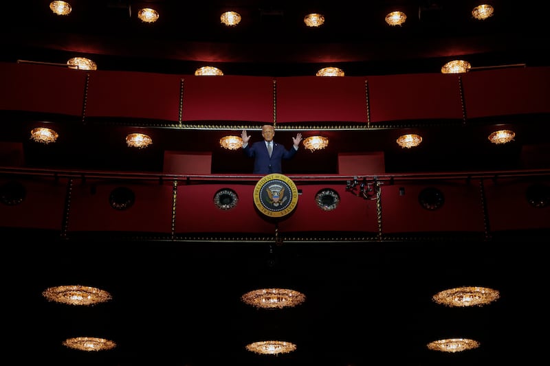 President Donald Trump looks down from the Presidential Box in the Opera House at the John F. Kennedy Center for the Performing Arts on March 17, 2025 in Washington, D.C.