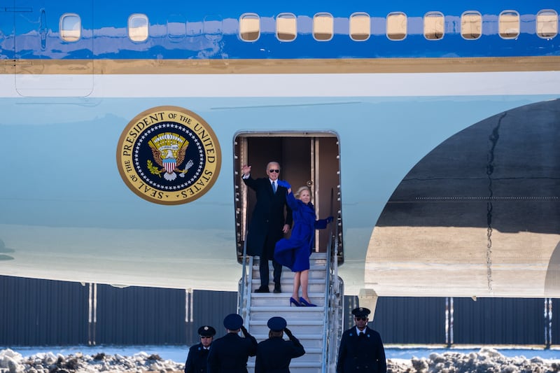 Former President Joe Biden and former First Lady Dr. Jill Biden wave as they depart after delivering remarks at a farewell event with staff at Joint Base Andrews in Suitland, Maryland, on January 20, 2025.