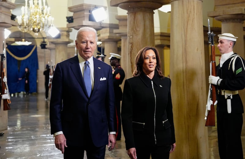President Joe Biden and Vice President Kamala Harris arrive ahead of the inaugural ceremonies for President-elect Donald Trump on January 20, 2025, at the US Capitol in Washington, D.C.