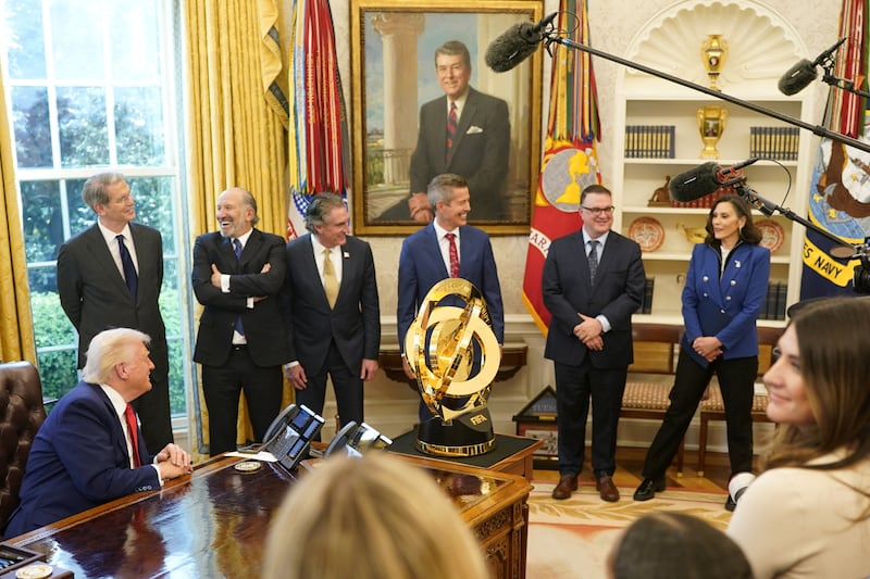 Michigan Gov. Gretchen Whitmer (far right) is pictured in the Oval Office as President Donald Trump signs executive orders and proclamations at the White House in Washington, D.C. on April 9, 2025.