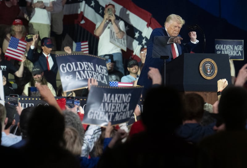 President Donald Trump delivers a speech in Warren, Michigan, on April 29, 2025.