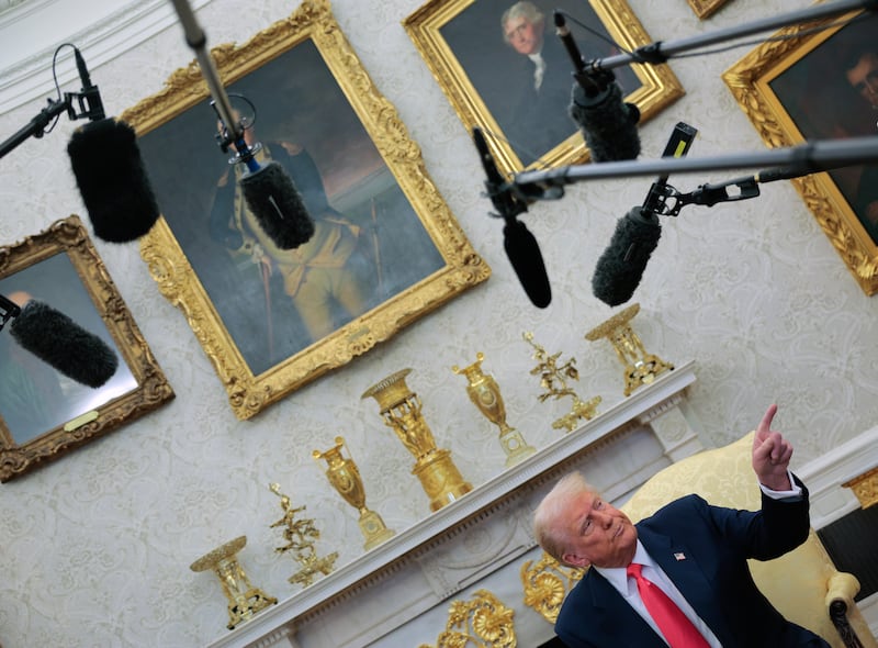 President Donald Trump calls on a reporter during a press conference with Irish Taoiseach Micheal Martin at the White House on March 12, 2025 in Washington, D.C.