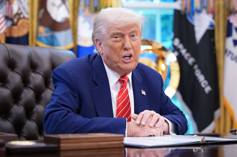 President Donald Trump speaks to reporters in the Oval Office of the White House on May 30, 2025 in Washington, D.C.