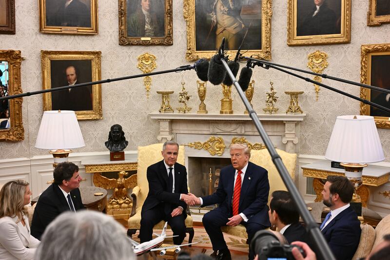 President Donald Trump participates in a bilateral meeting with Prime Minister of Canada Mark Carney at the White House on May 6, 2025 in Washington, D.C.