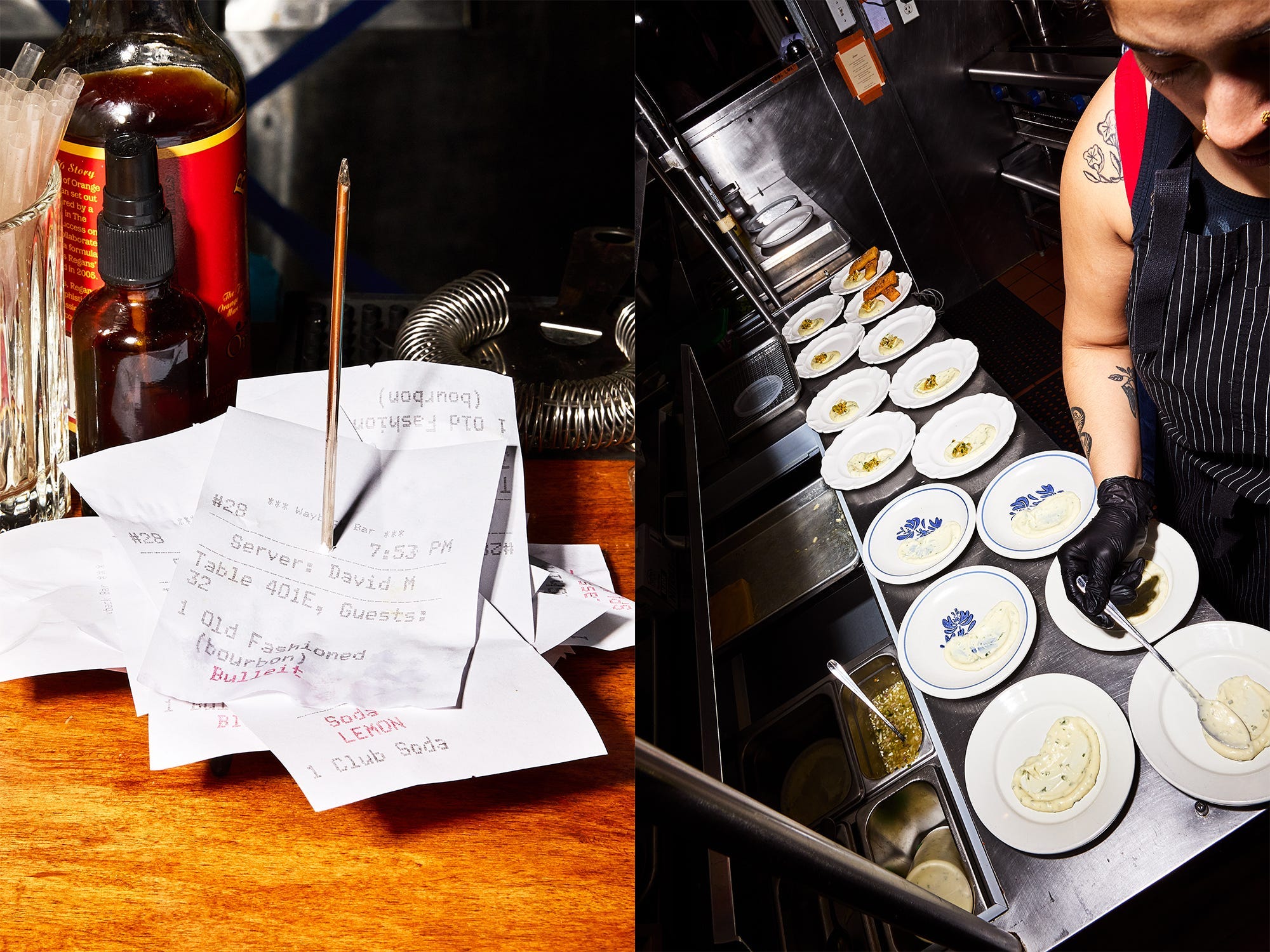 A side by side image collage of restaurant tickets and a cook at work.