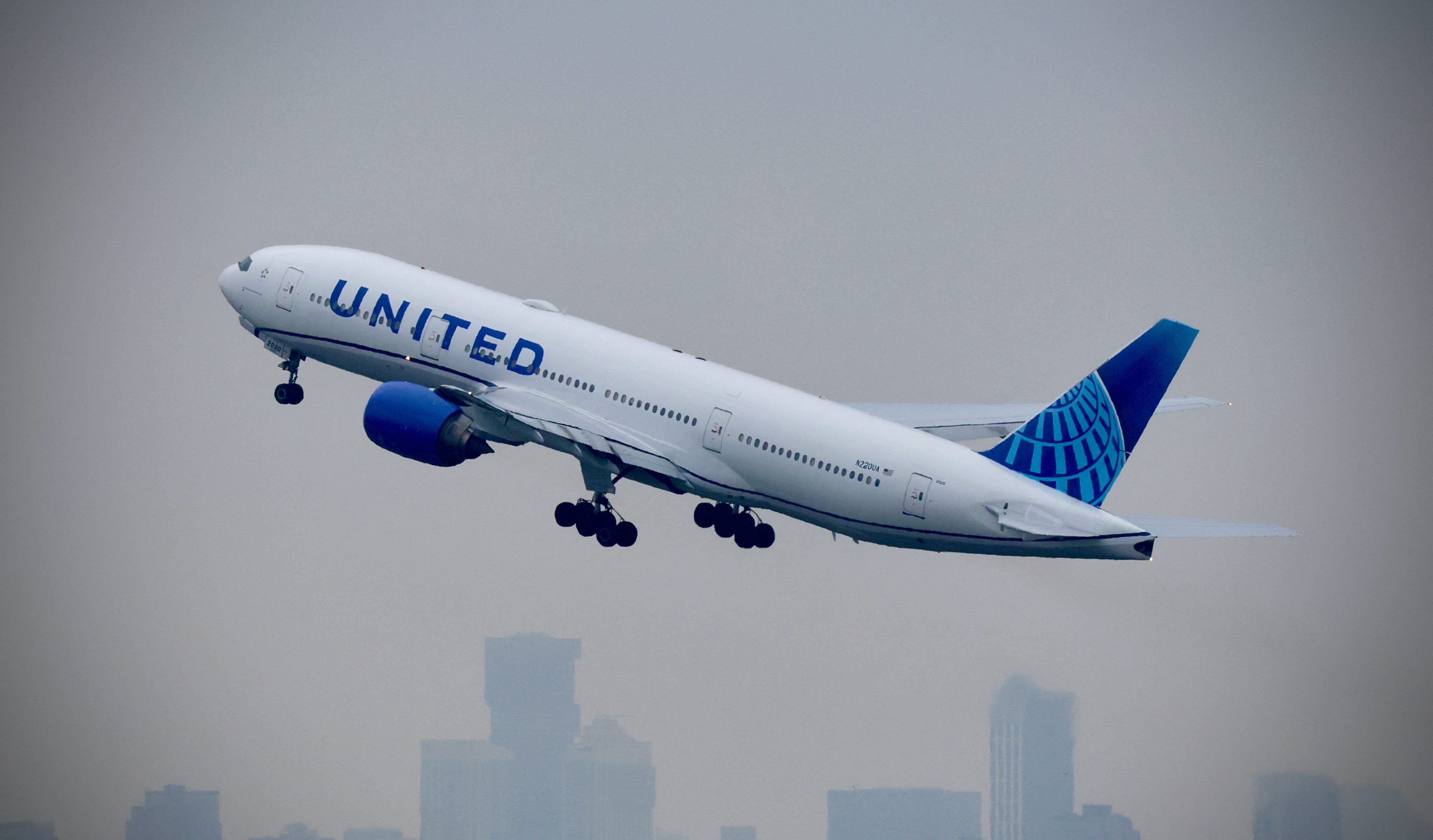 A United plane departs from Newark Liberty International Airport in Newark, New Jersey on May 7, 2025