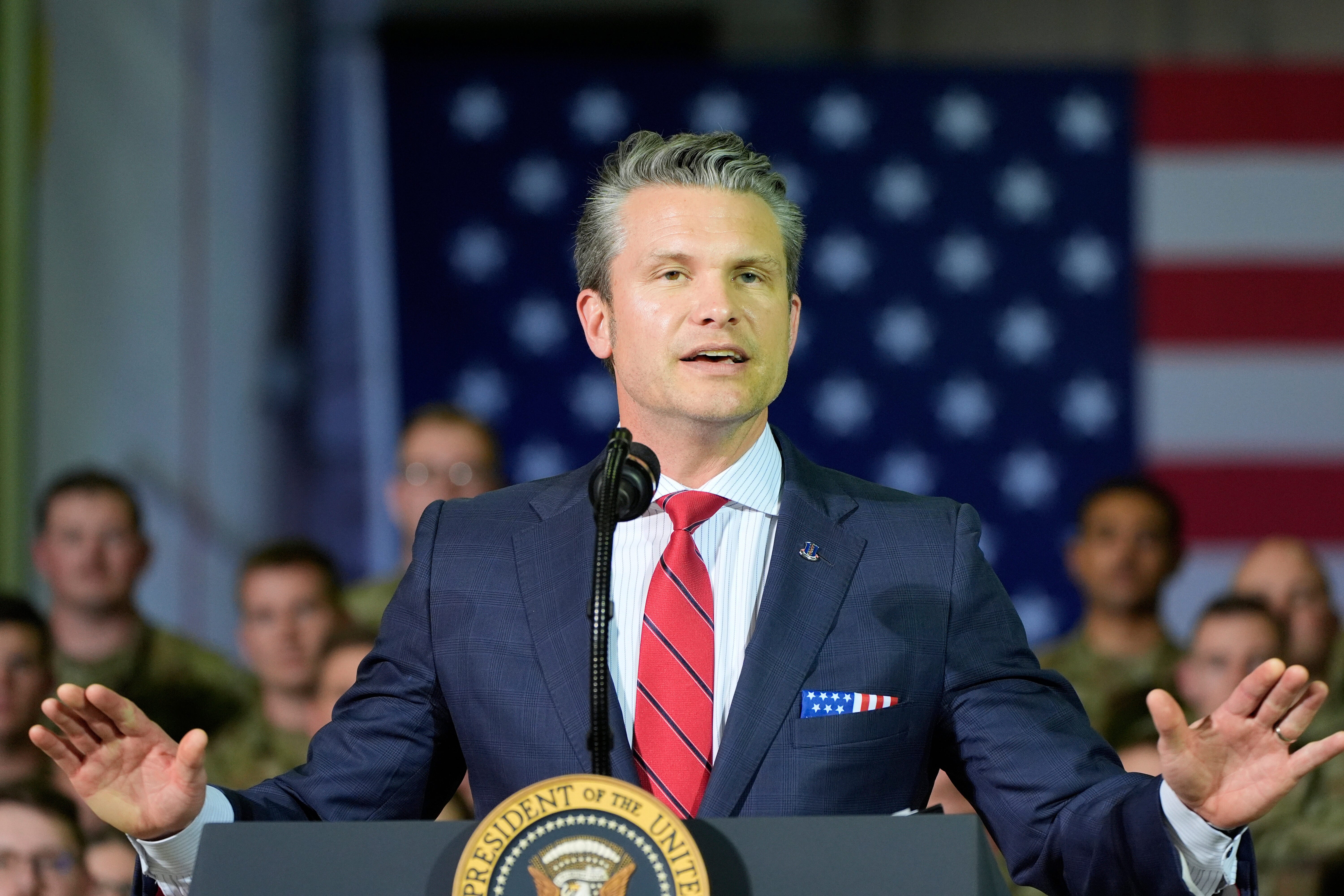 Defense Secretary Pete Hegseth speaking to members of the Michigan National Guard at Selfridge Air National Guard Base.