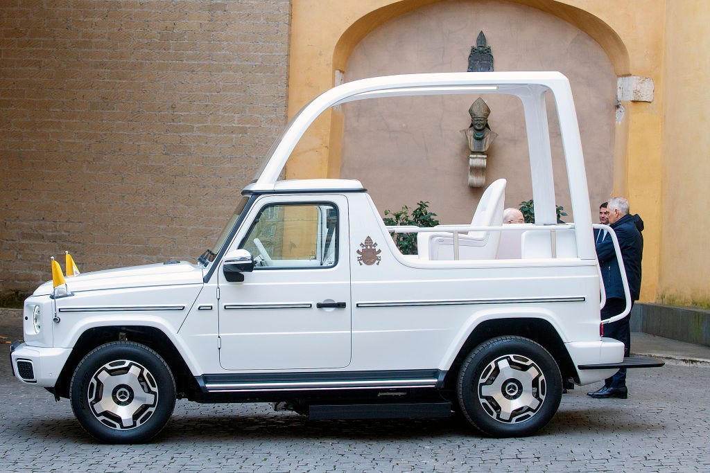The electric Mercedes-Benz popemobile.