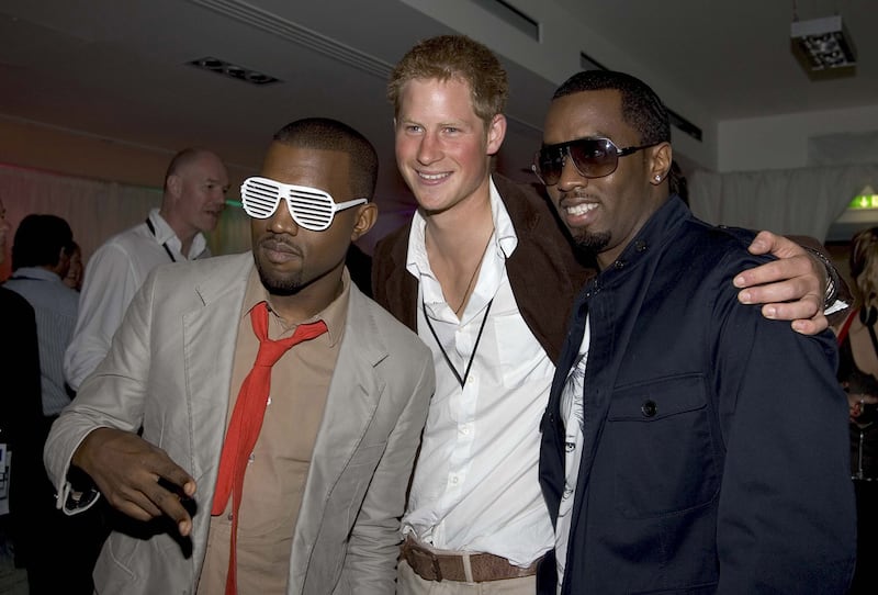 LONDON - JULY 1: HRH Prince Harry meet rappers Kanye West (2nd from L) and P Diddy (R) at the Concert for Diana After Party at Wembley Stadium on July 1, 2007 in London, England. (Photos by Anwar Hussein Collection/Wireimage)