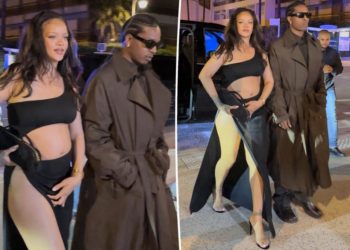 Rihanna bares her baby bump in barely-there black dress on Cannes date night with A$AP Rocky