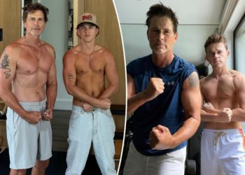 Rob Lowe, 61, and son John, 29, show off matching muscles in shirtless snap: ‘Family tradition’