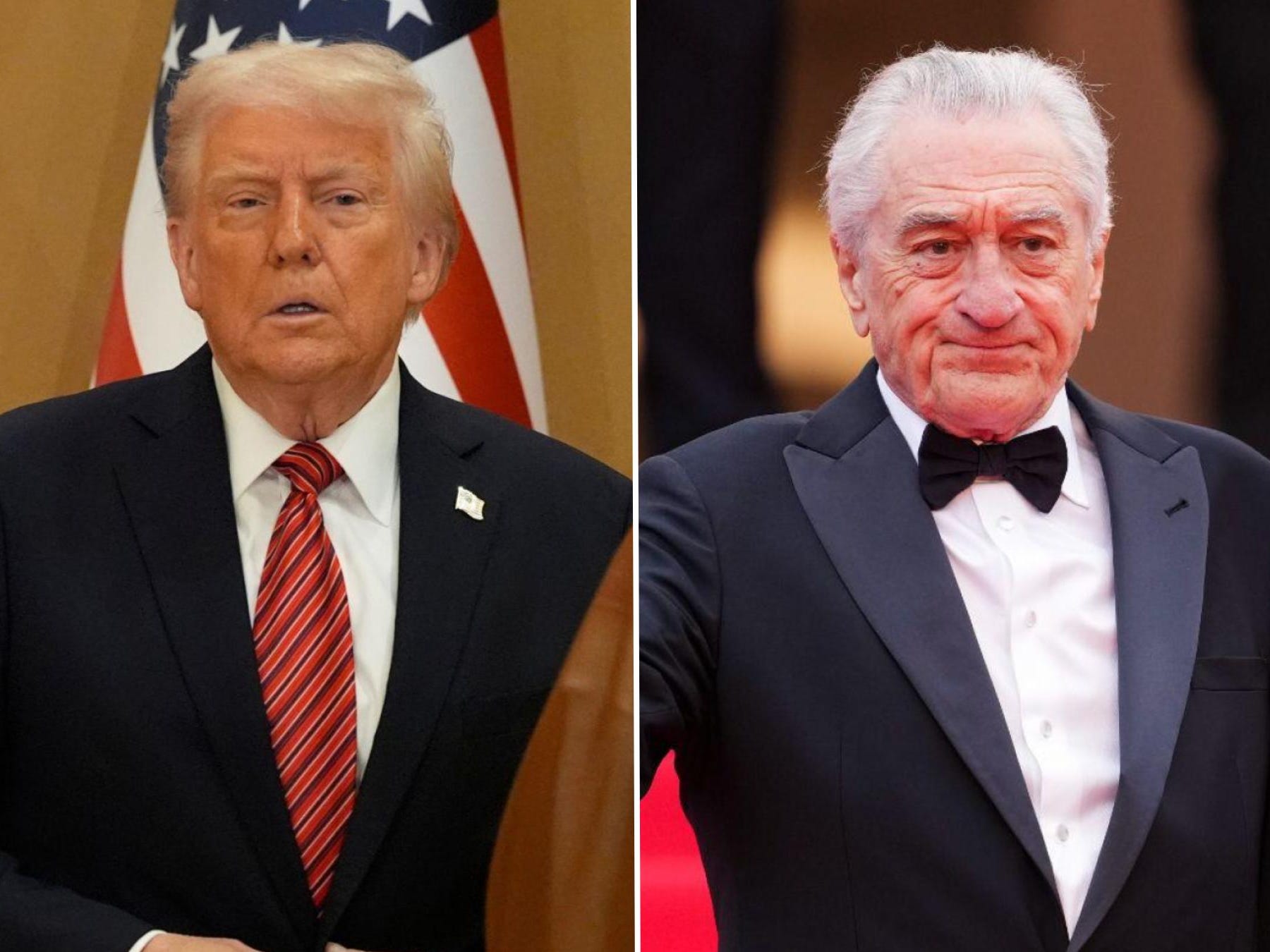 A split image of two older men. On the left, the man has dyed blond hair and a fake tan. He's wearing a black suit with a red striped tie and an American flag pin on his lapel. On the right, the man has gray hair and is wearing a black tuxedo with a white shirt.