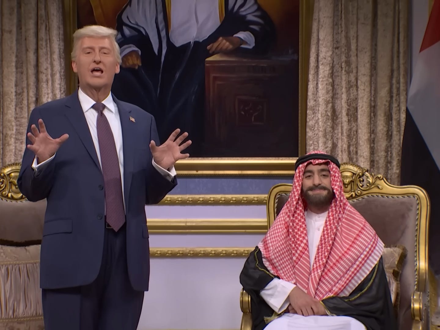 "Saturday Night Live" parodied a meeting between President Donald Trump (James Austin Johnson) and the Crown Prince Mohammed bin Salman (Emil Wakim).