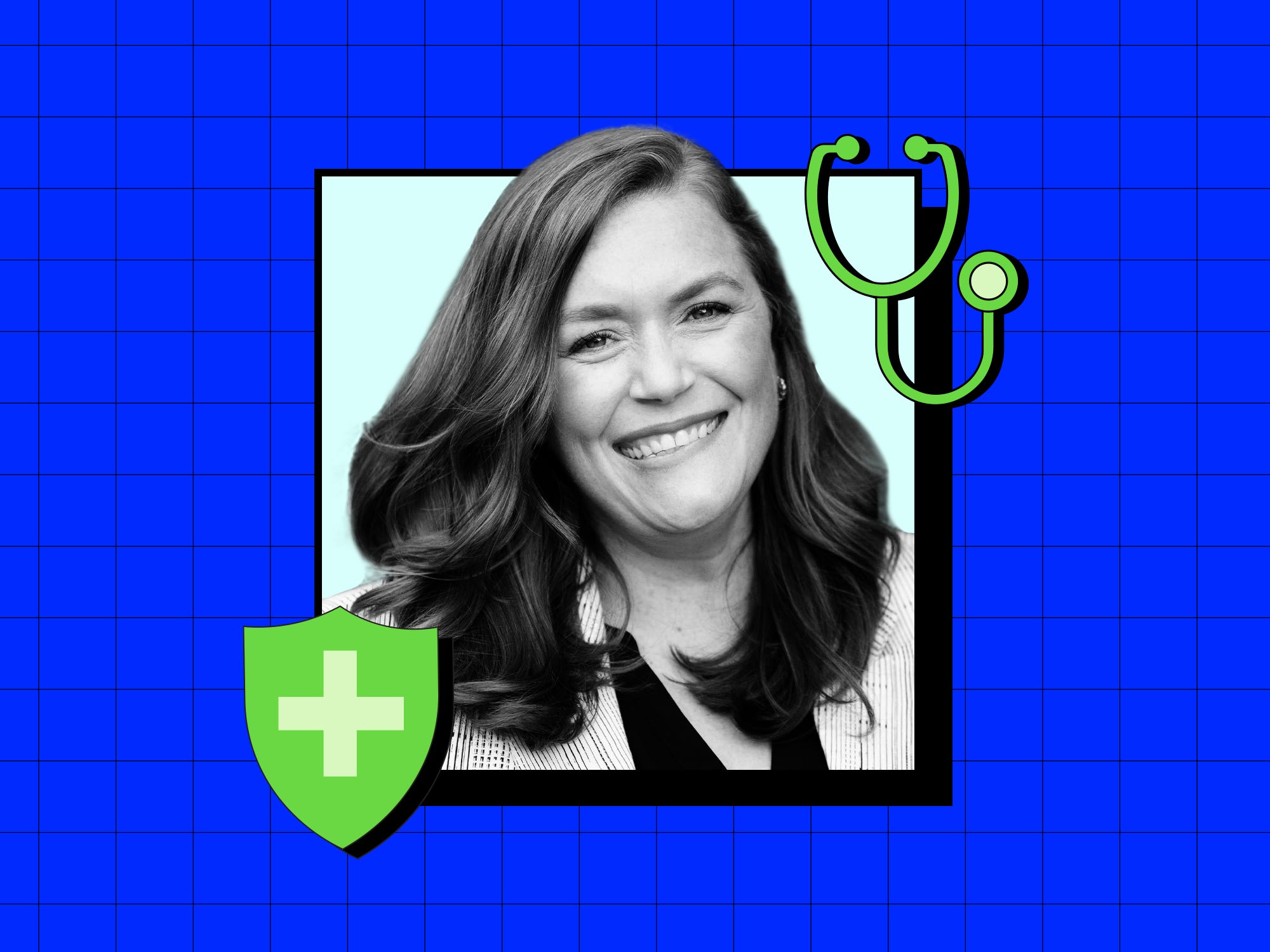 Black-and-white portrait of Sara Deshpande, a smiling woman with long wavy hair wearing a striped blazer, set against a light blue background with a bright blue grid. Surrounding her are green healthcare-themed icons, including a stethoscope and a medical shield with a cross