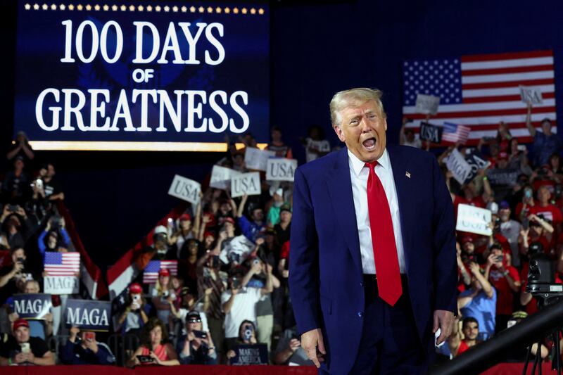 President Donald Trump holds a rally at Macomb Community College in Warren, Michigan on April 29, 2025.