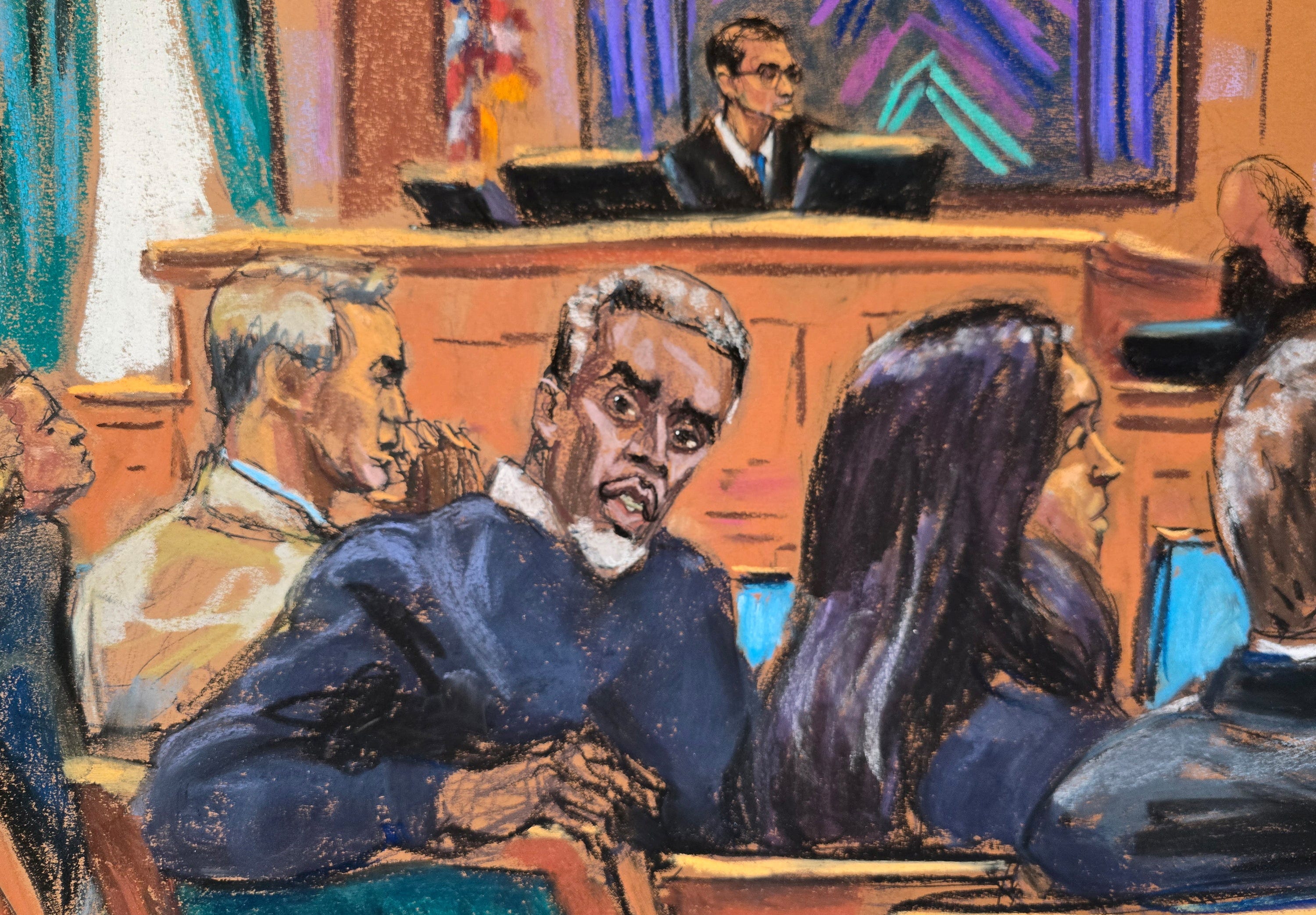 A courtroom sketch of Sean Combs during jury selection for his sex trafficking trial.