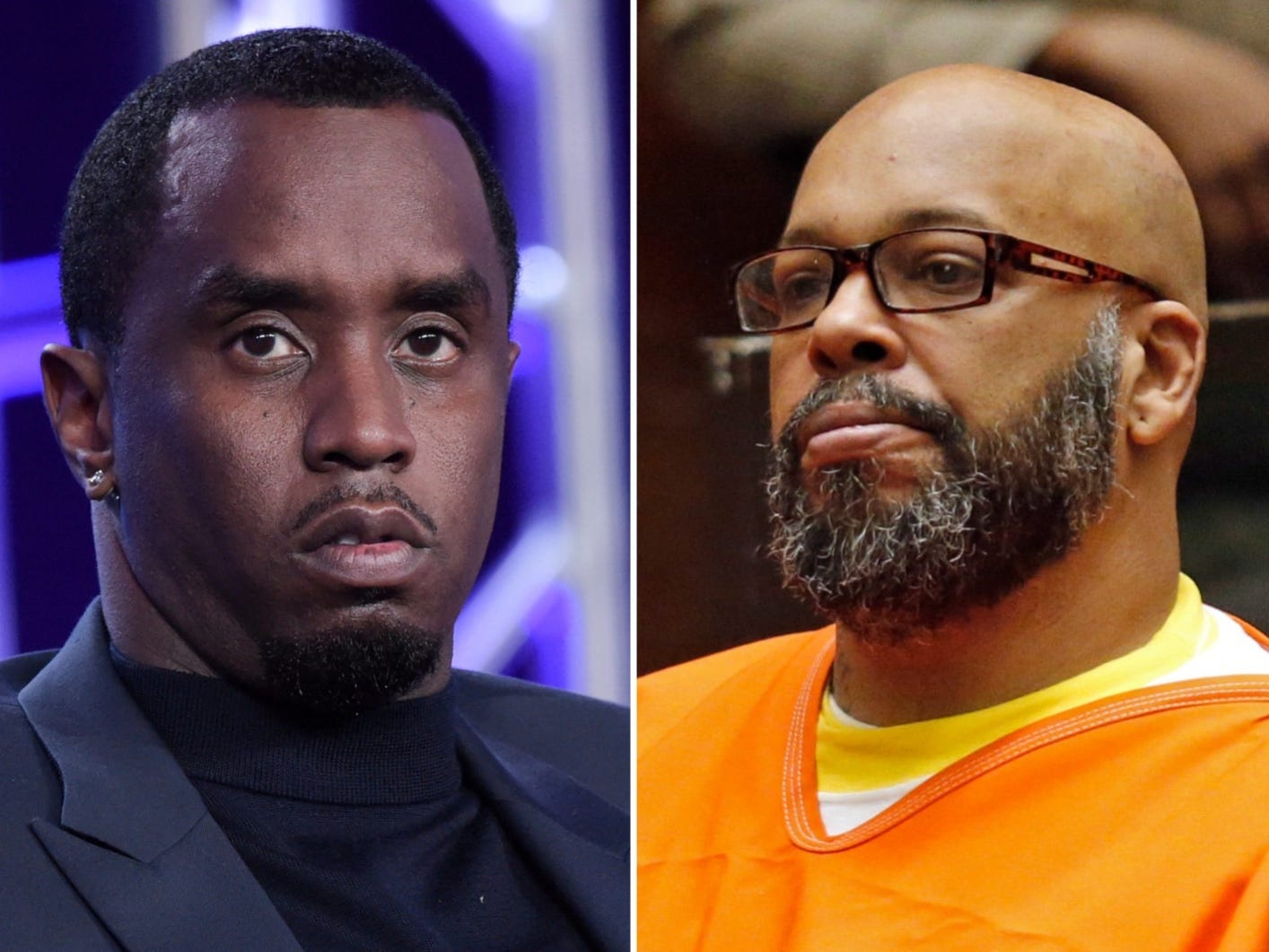 A composite of stills showing Sean "Diddy Combs in formal wear and Marion "Suge" Knight in prison uniform.