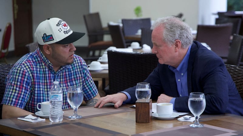 Democratic Senator Chris Van Hollen meets Kilmar Abrego Garcia, a man wrongly deported to El Salvador by the Trump administration, in an image released April 17, 2025.