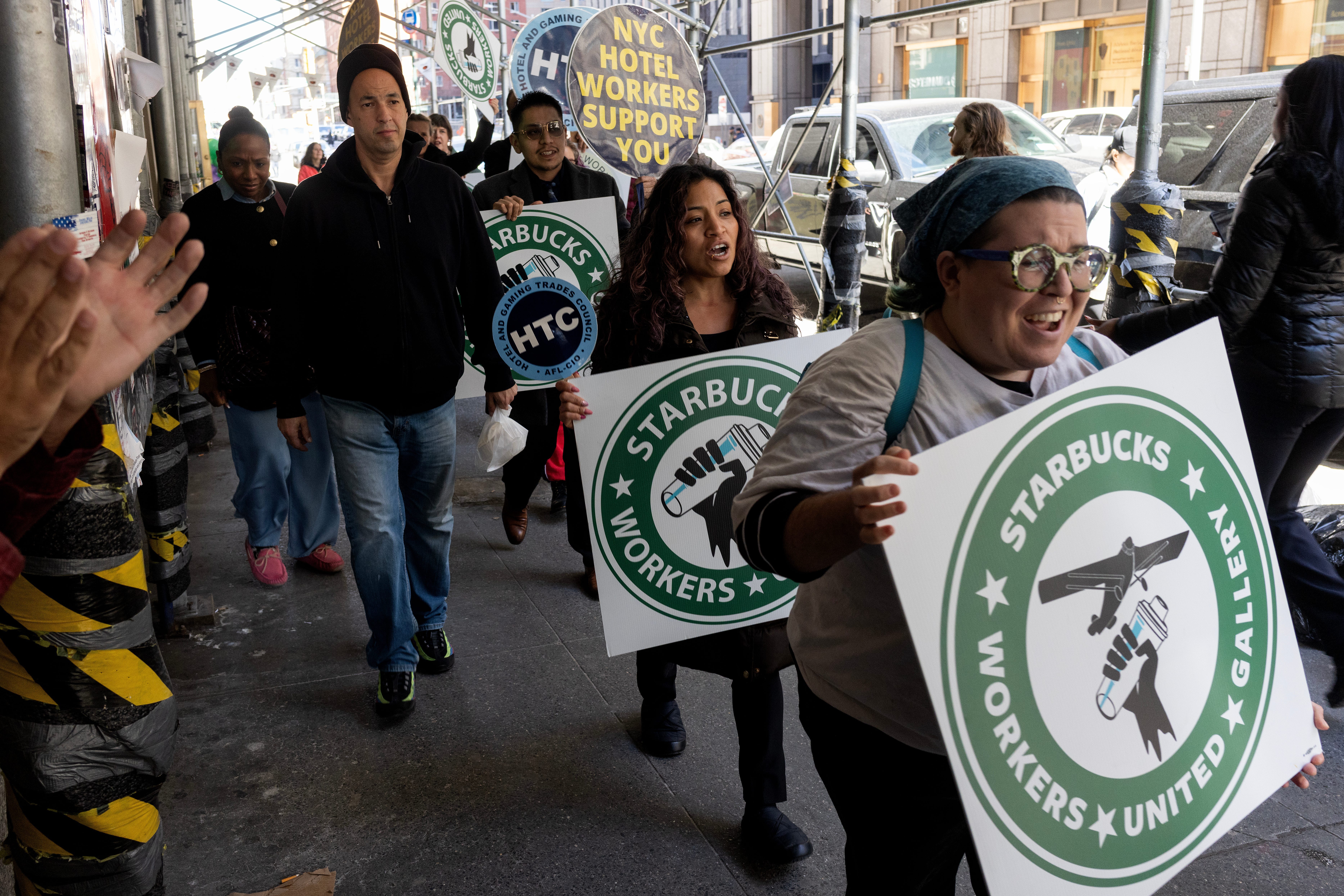 Starbucks union members on strike.