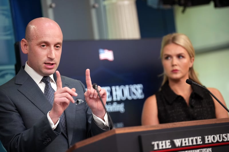 White House Deputy Chief of Staff Stephen Miller, joined by White House press secretary Karoline Leavitt, speaks at the daily press briefing in the Brady Press Briefing Room at the White House on May 1, 2025.