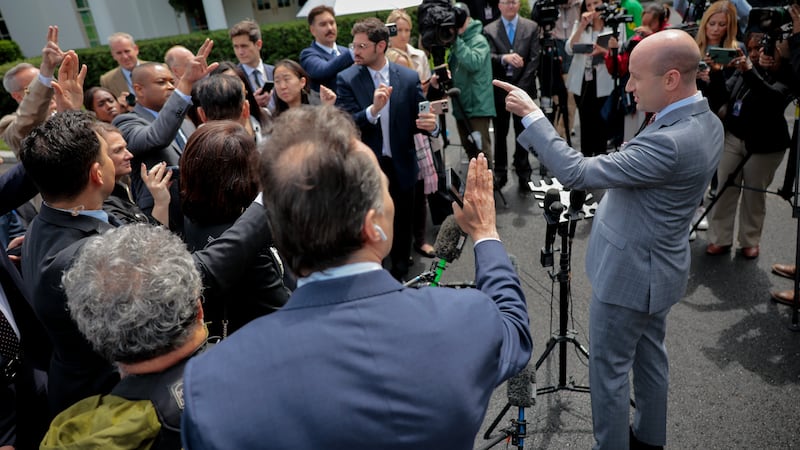 WASHINGTON, DC - MAY 09: White House Deputy Chief of Staff Stephen Miller talks to reporters outside of the White House West Wing on May 09, 2025 in Washington, DC. Miller talked about recent federal court rulings on immigration, calling them part of a "judicial coup" against the administration of President Donald Trump. (Photo by Chip Somodevilla/Getty Images)