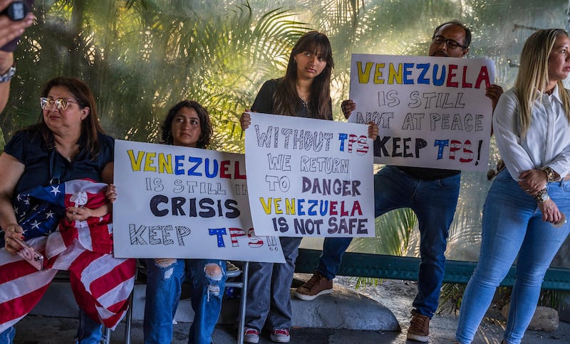 Venezuelan migrants hold a demonstration in Doral, Florida, home to one of President Donald Trump’s golf clubs. They say Temporary Protected Status is a necessity for Venezuelans who will face persecution if they return.