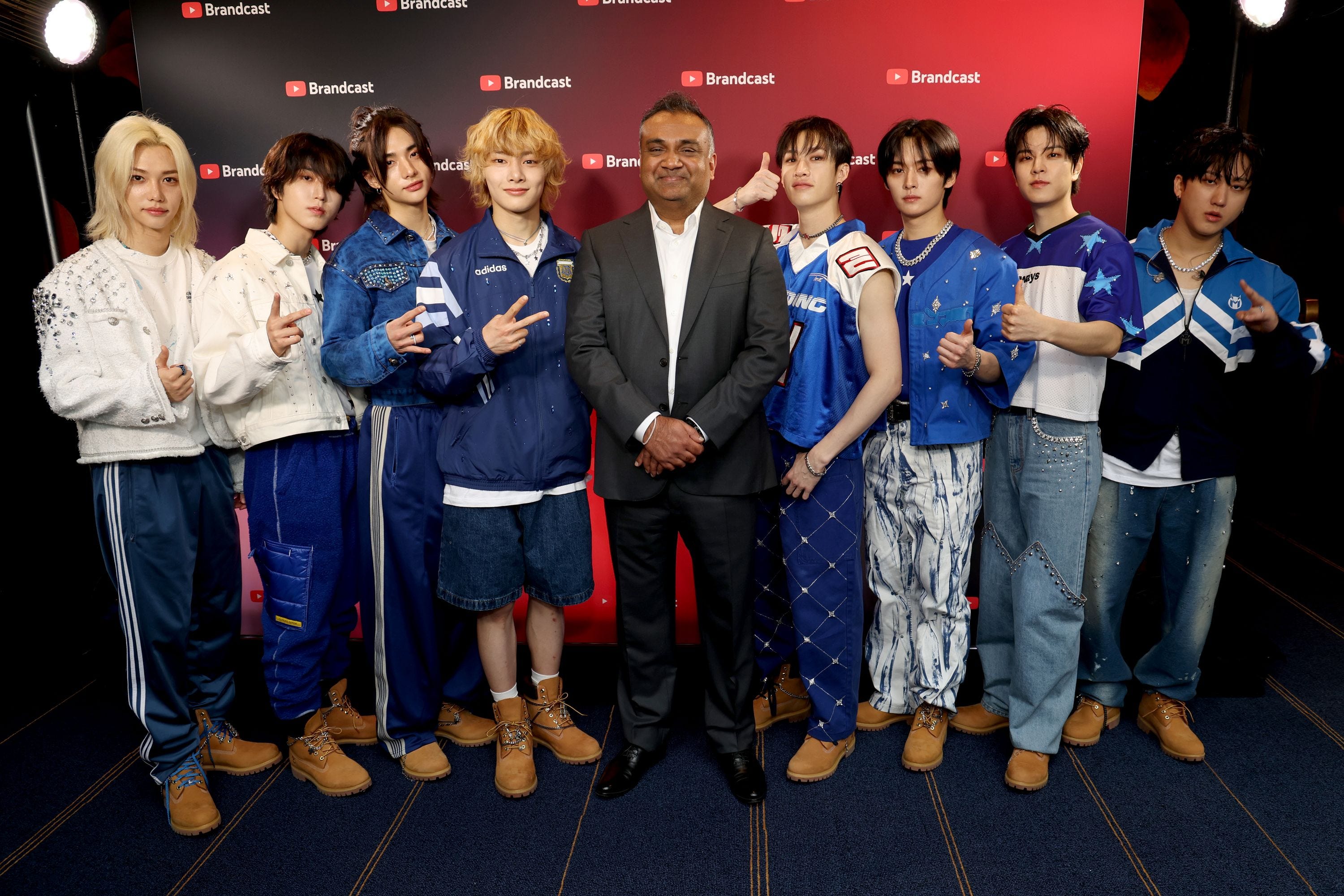 NEW YORK, NEW YORK - MAY 15: Neal Mohan, CEO, YouTube (C), with Felix, Han, Hyunjin, I.N, Bang Chan, Lee Know, Seungmin, and Changbin of Stray Kids attend YouTube Brandcast 2024 at David Geffen Hall on May 15, 2024 in New York City. (Photo by Kevin Mazur/Getty Images for YouTube)