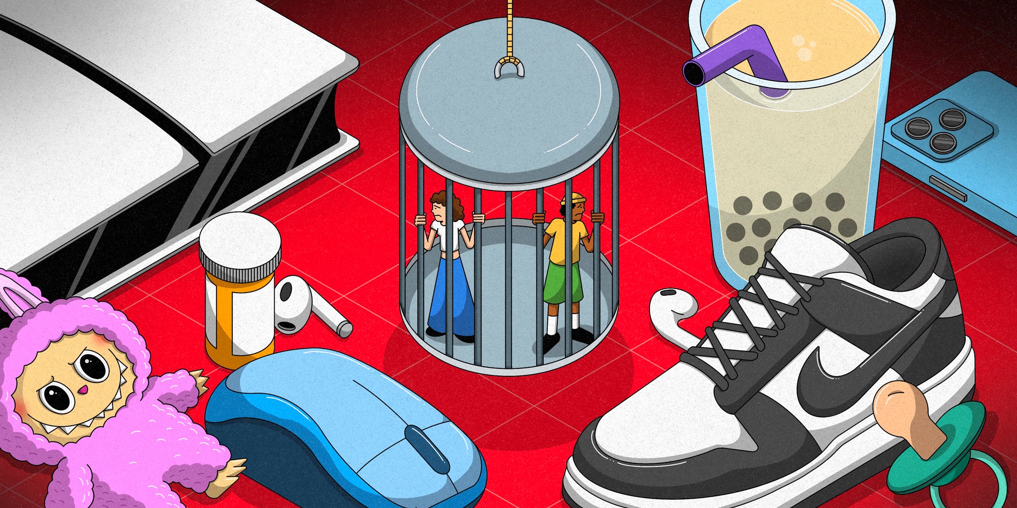 Illustration of Gen Z people in a cage surrounded by consumer goods like nike shoes, airpods, boba tea, computer mouse, pills, game console and phone