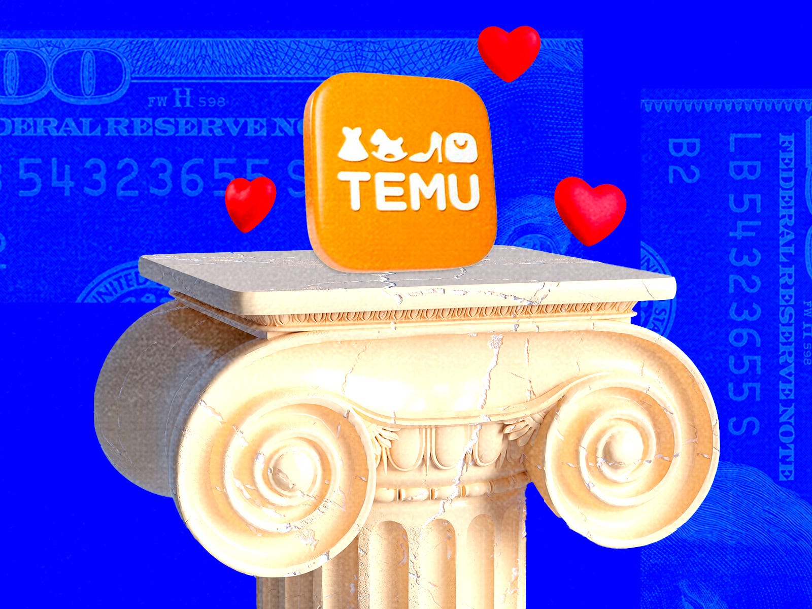 Temu logo on a pedestal.