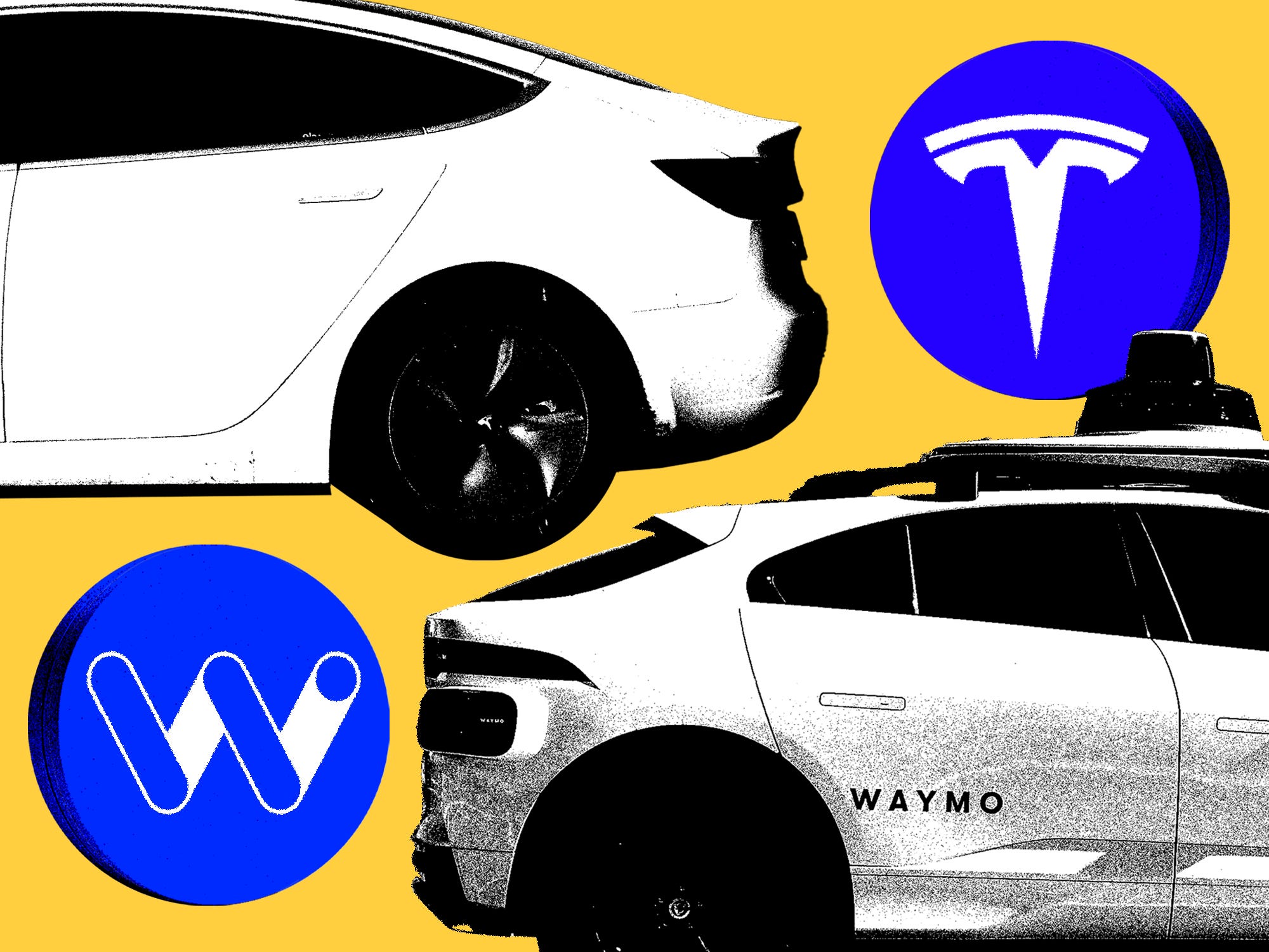 Photo collage of a Waymo Taxi and a Tesla Model S