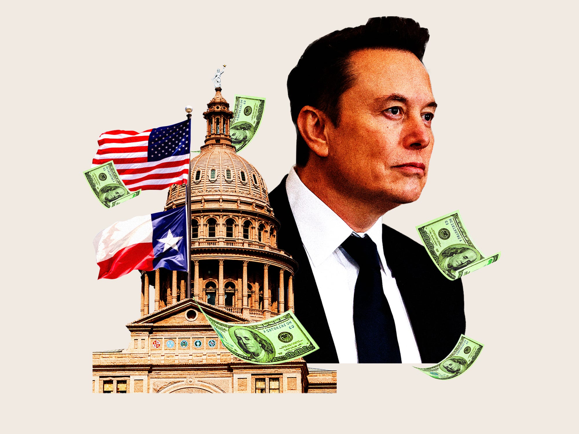 Photo collage of Elon Musk, Texas State Capitol building in Austin and money falling.