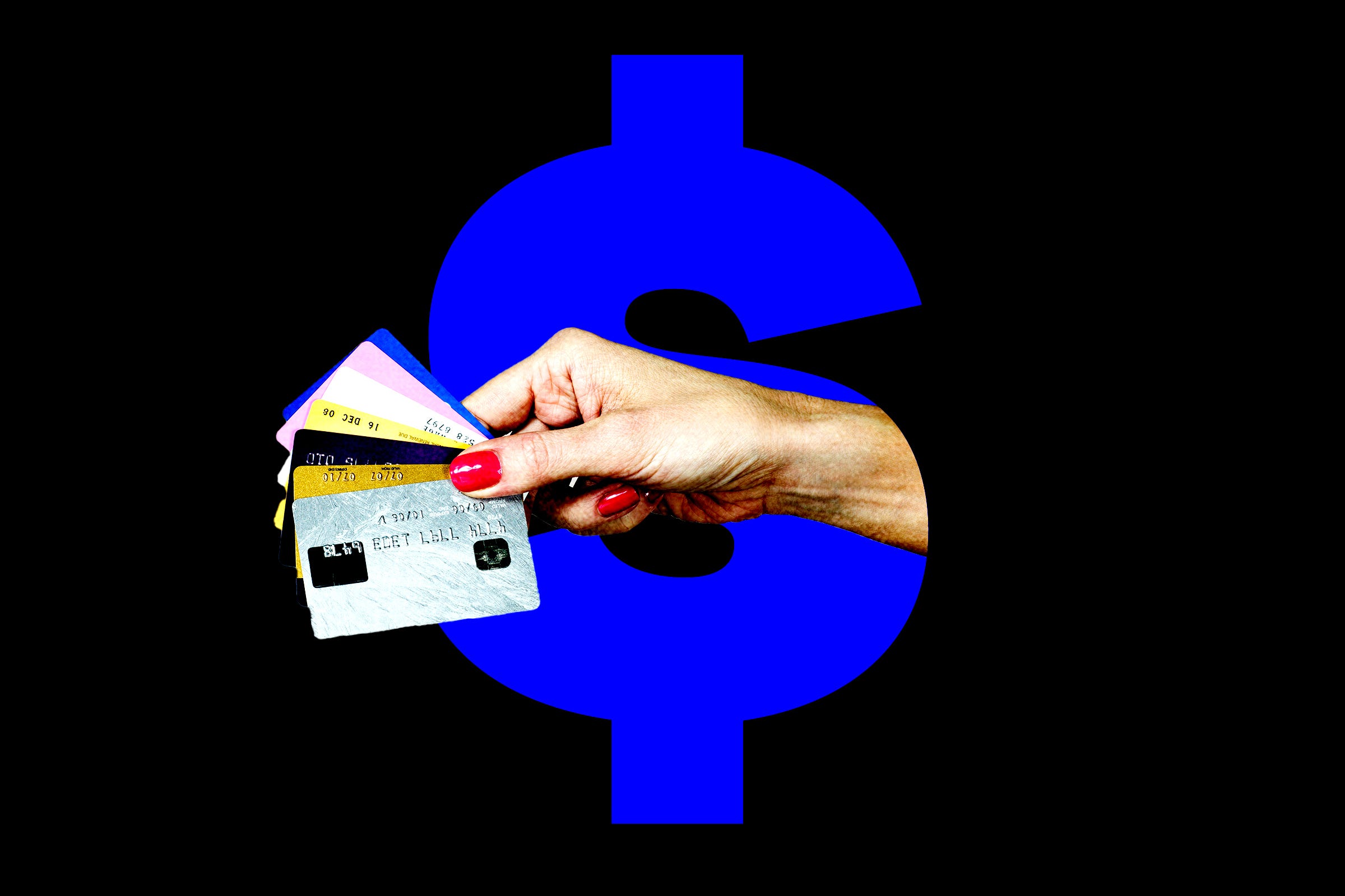 A hand holds several credit cards in front of a big blue dollar sign