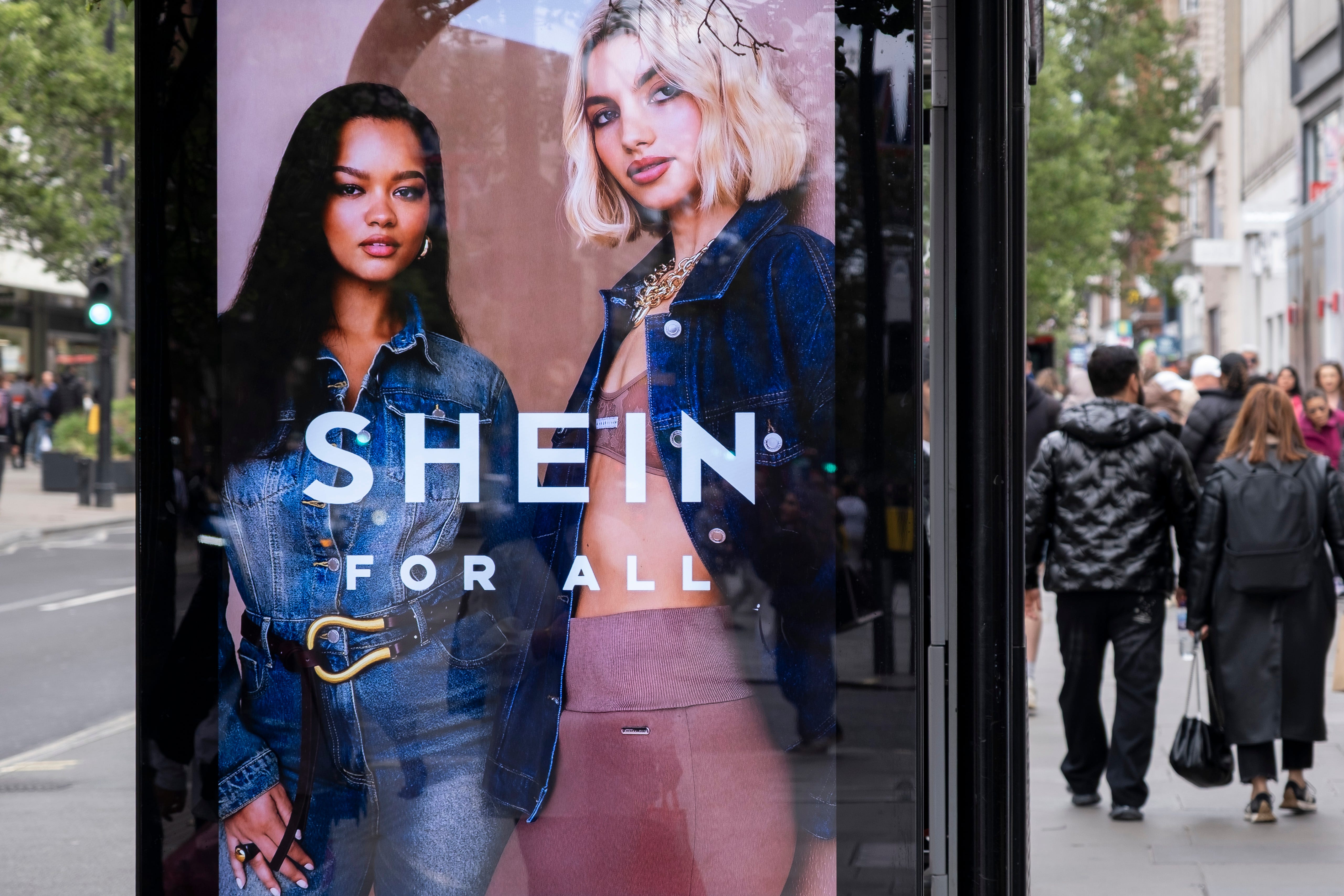 Bus stop advertising for Chinese fashion company Shein on 4th May 2025 in London, United Kingdom.