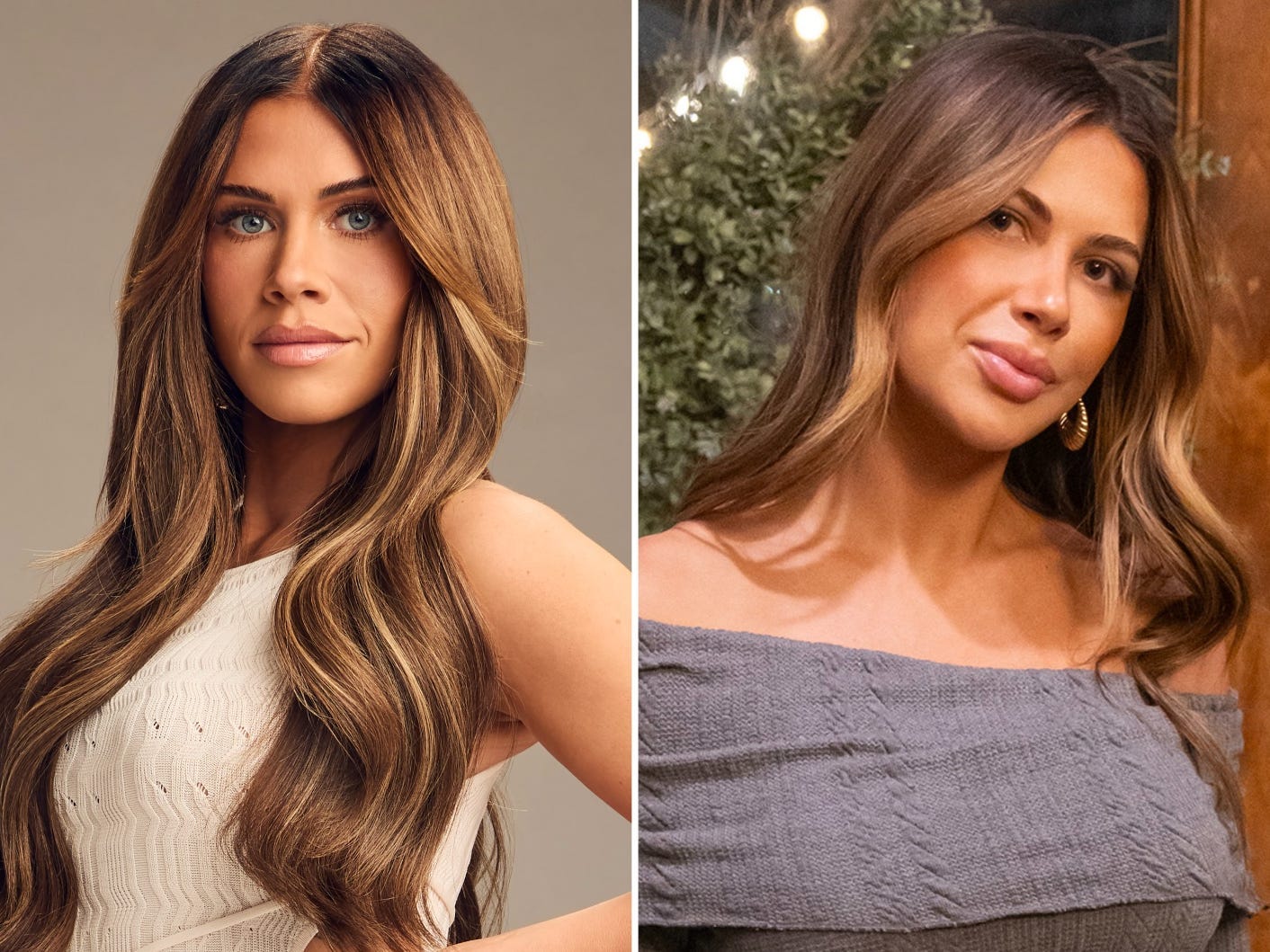A composite image of Jessi from "The Secret Lives of Mormon Wives" in a white dress and Demi from the same show in a gray dress.