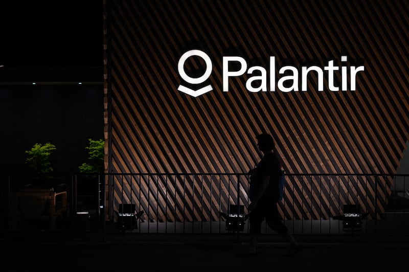 The software company Palantir's stand is pictured at the World Economic Forum (WEF) annual meeting in Davos on May 22, 2022.