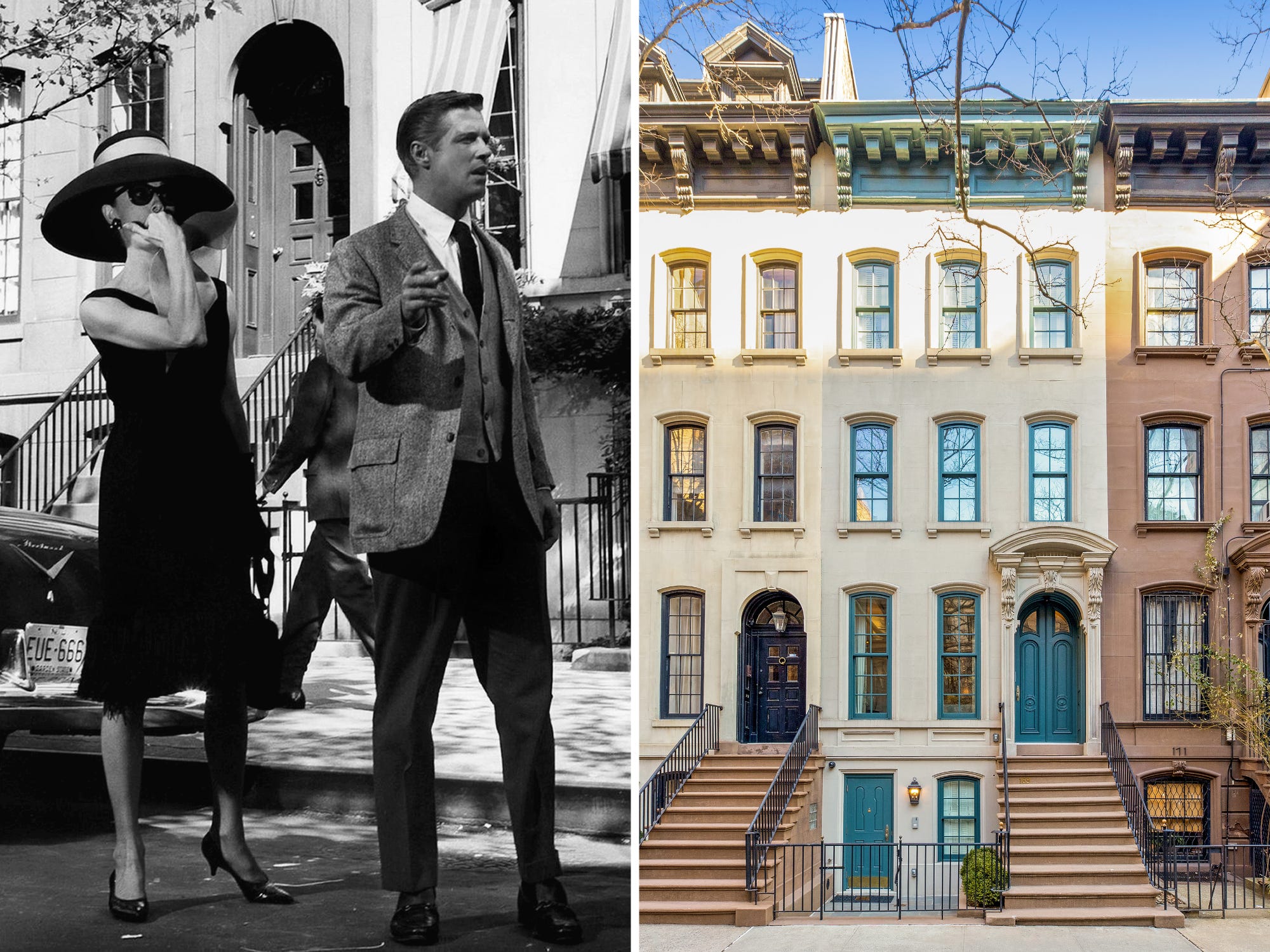 audrey hepburn and gregory peck in a promotional image for breakfast at tiffanys and the brownstone where the exterior shots were filmed