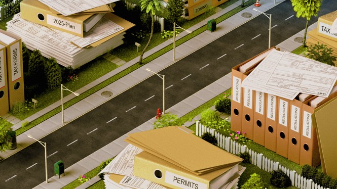Illustration of a road with oversized paperwork stacked on the adjacent sidewalk