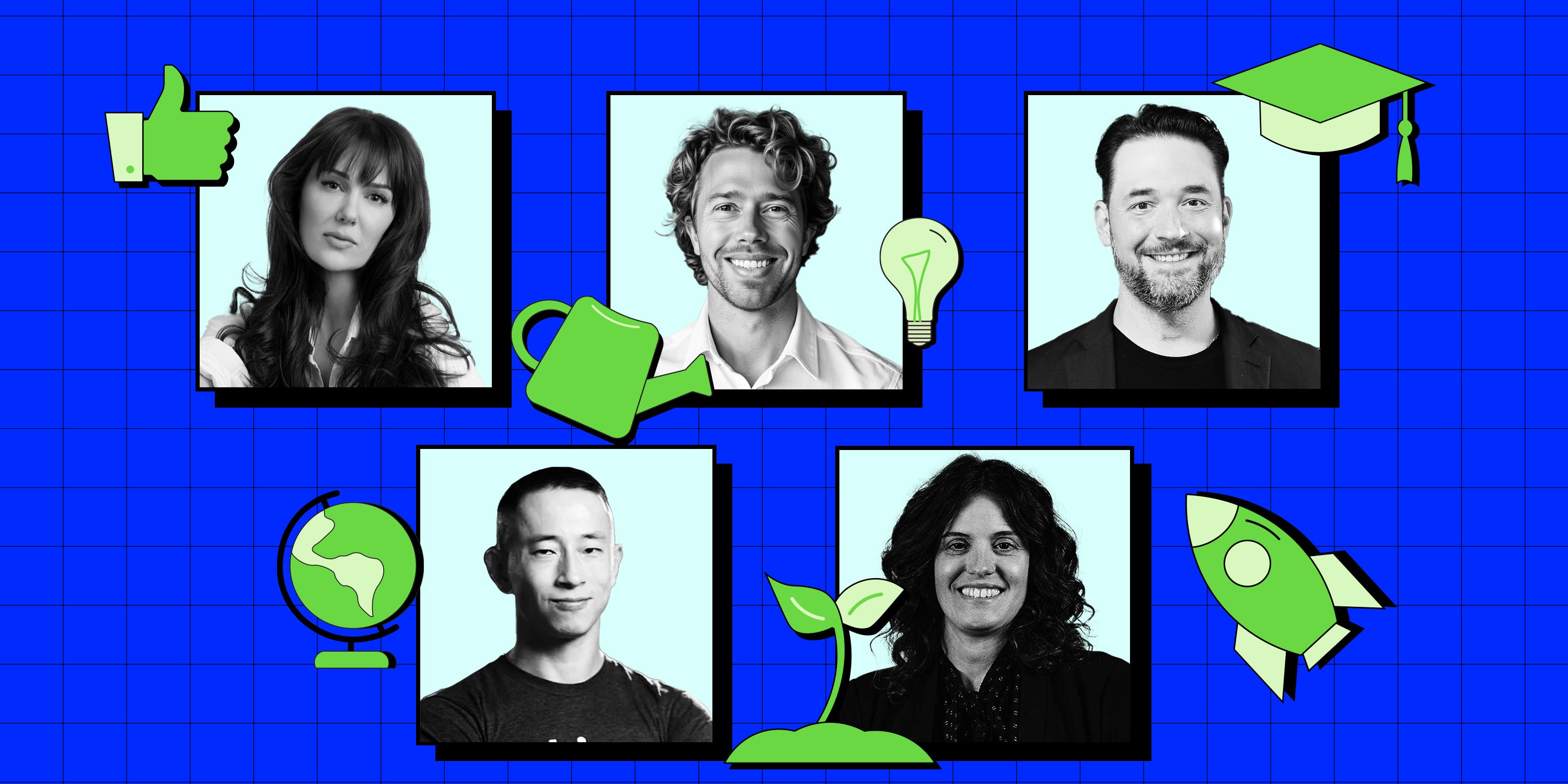Collage of five professional individuals, each shown in a black-and-white portrait with light blue backgrounds, set against a bright blue grid. Green icons surround the portraits, including a thumbs-up, watering can, lightbulb, graduation cap, globe, sprout, and rocket, symbolizing growth, innovation, education, and global impact. The group features three people in the top row and two in the bottom row.