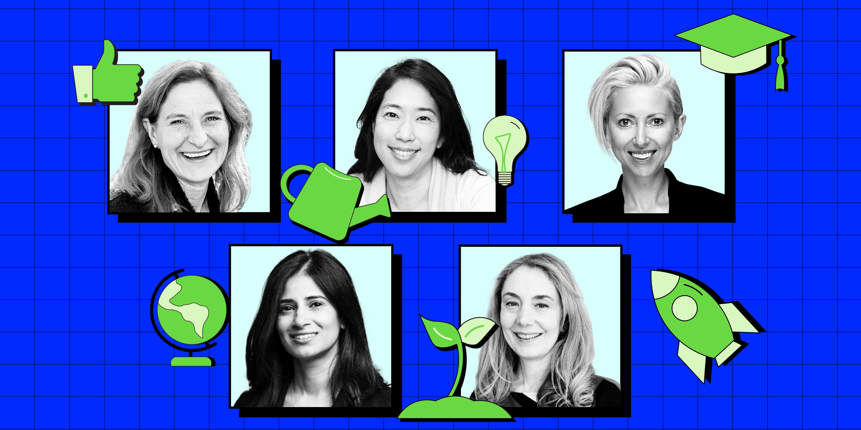 Collage of women mentioned in story, each in a black-and-white portrait framed by light blue backgrounds, set against a bright blue grid backdrop. Surrounding them are green icons including a thumbs-up, watering can, lightbulb, graduation cap, globe, sprout, and rocket