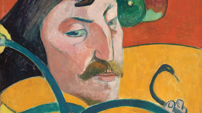 Painted stylized self-portrait of man's face with dark hair and mustache, surrounded by vines, fruit, and orange and yellow fields of color.