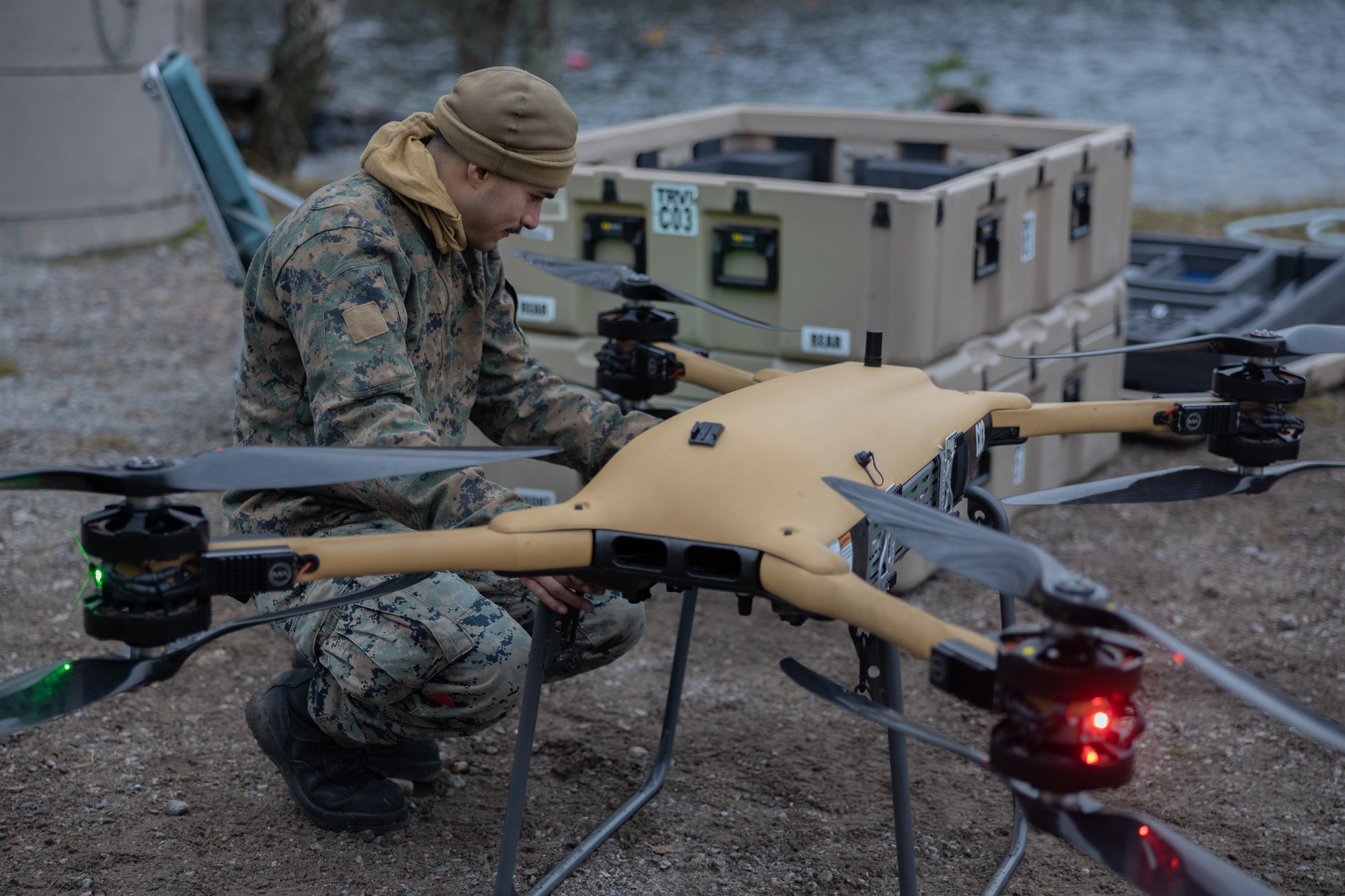 A US Marine logistics specialist prepares the TRV-150 drone for a simulated littoral resupply mission during a training event in Finland on Nov. 12, 2024.