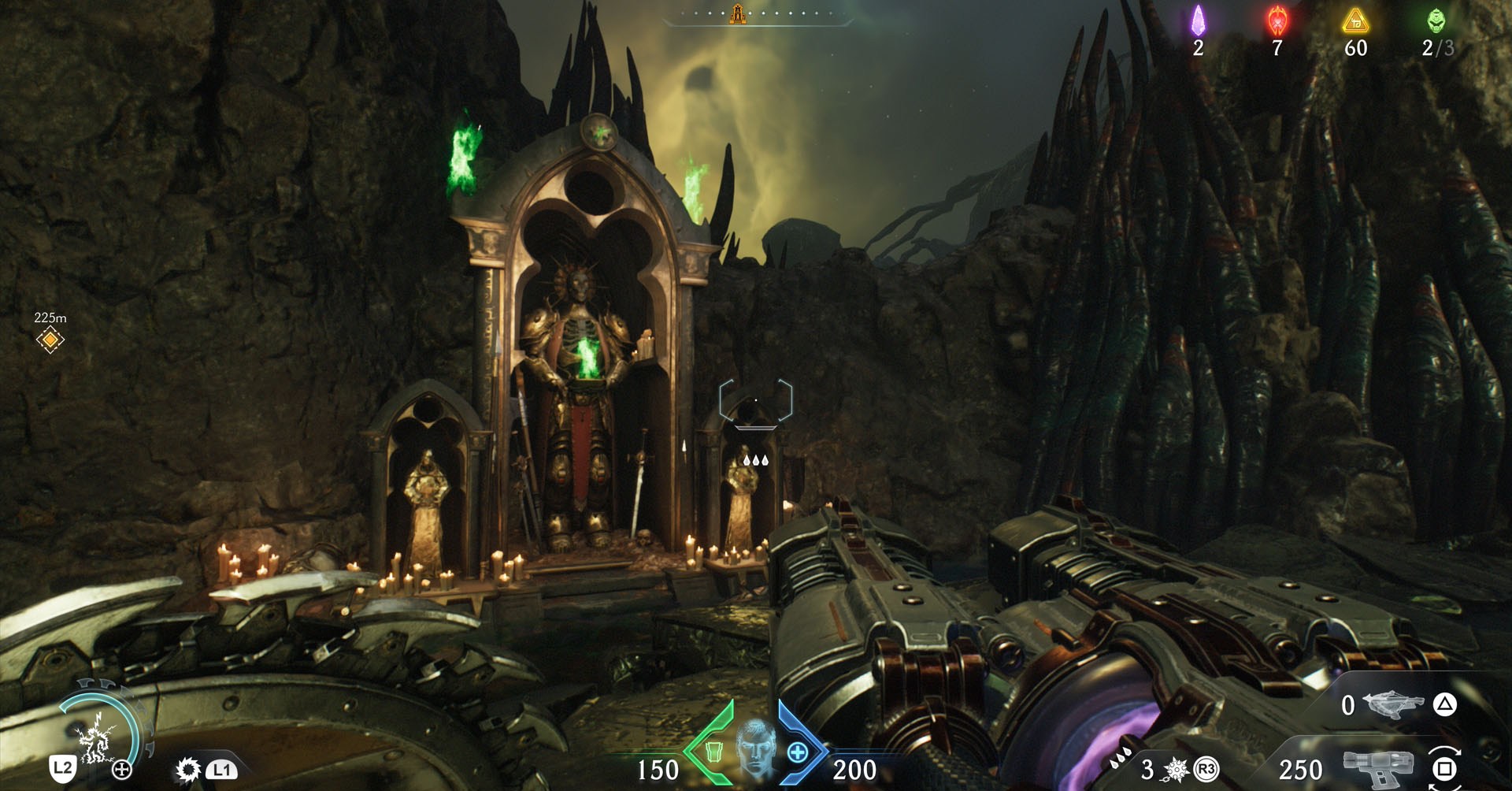 A Doom: The Dark Ages screenshot showing a Sentinel Shrine, which you must visit to upgrade your gear. It is a small shrine with a skeleton in the middle.